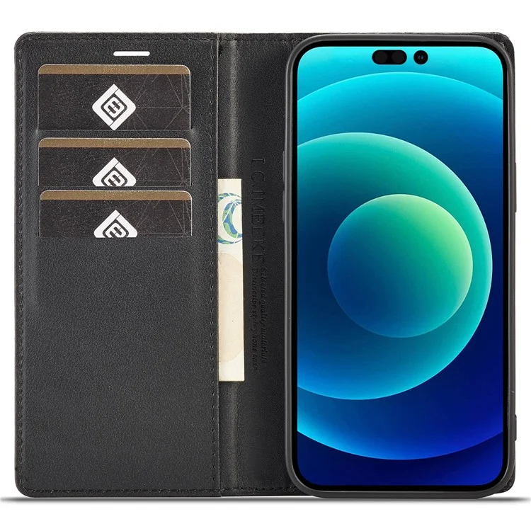 Lc. Imeeke Para Iphone 14 Pro Max 6.7 Pulgadas Textura de Fibra de Carbono PU Puero Case de Fragmento de Choque Auto Magnético Flip Soport Cover Cover de la Billetera - Franja Vertical