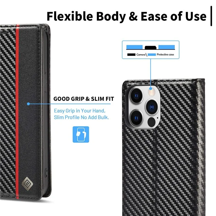 Lc. Imeeke Para Iphone 14 Pro Max 6.7 Pulgadas Textura de Fibra de Carbono PU Puero Case de Fragmento de Choque Auto Magnético Flip Soport Cover Cover de la Billetera - Franja Vertical