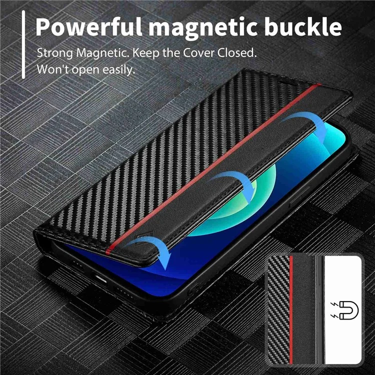 Lc. Imeeke Para Iphone 14 Pro Max 6.7 Pulgadas Textura de Fibra de Carbono PU Puero Case de Fragmento de Choque Auto Magnético Flip Soport Cover Cover de la Billetera - Franja Vertical