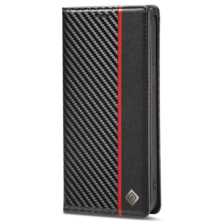 Lc. Imeeke Para Iphone 14 Pro Max 6.7 Pulgadas Textura de Fibra de Carbono PU Puero Case de Fragmento de Choque Auto Magnético Flip Soport Cover Cover de la Billetera - Franja Vertical