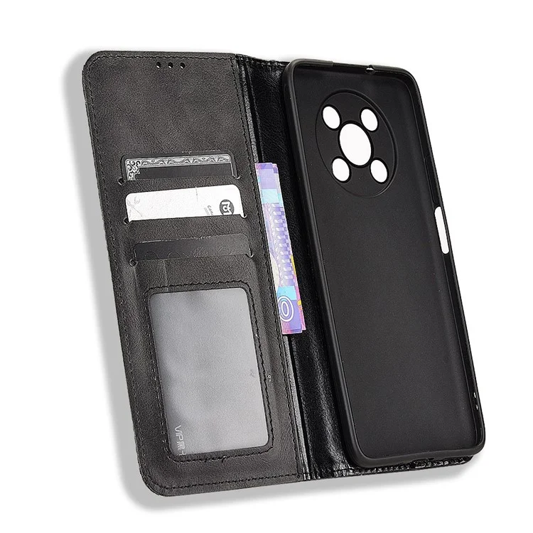 Huawei nova Y90 4G / Enjoy 50 Pro 4G Vintage PU Leather Phone Case Drop-proof Flip Wallet Cover Stand Protective Shell - Black