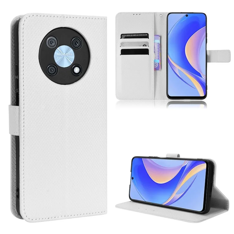 Phone Case For Huawei nova Y90 4G / Enjoy 50 Pro 4G, Full Protection Diamond Texture PU Leather Cell Phone Wallet Cover with Strap - White