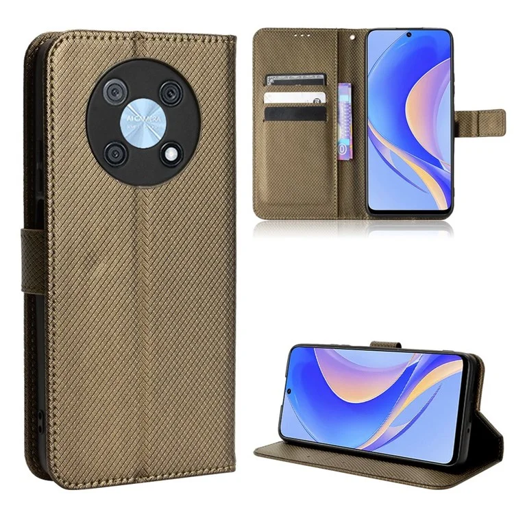 Capa de Telefone para Huawei nova Y90 4G / Enjoy 50 Pro 4G, Proteção Completa Textura de Diamante Couro PU Carteira de Telefone Celular com Alça - Marrom