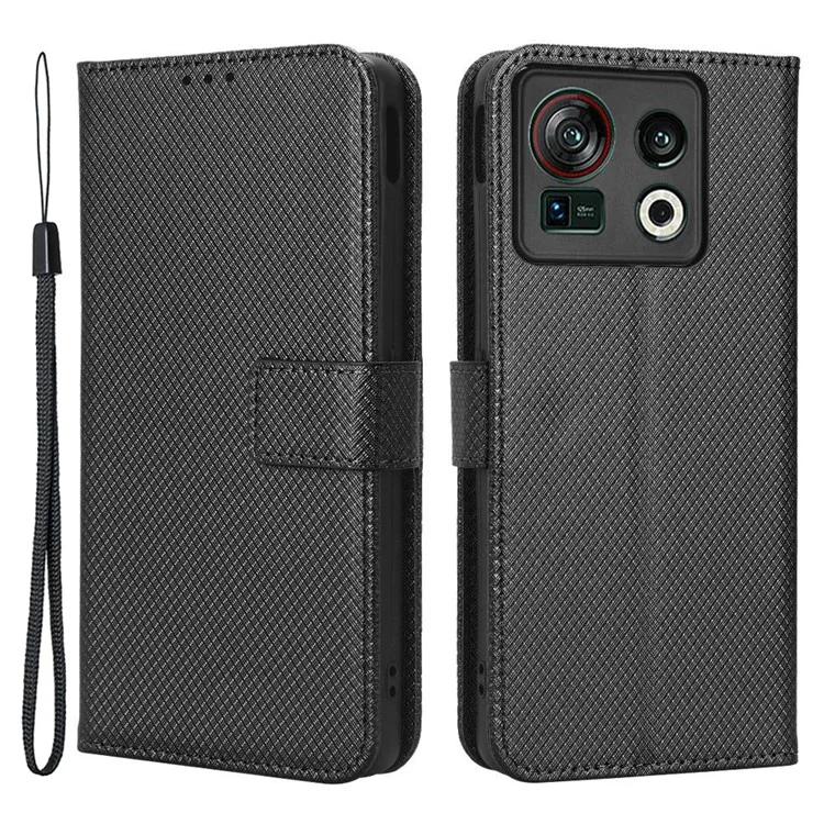 Shockproof Phone Wallet Case For ZTE nubia Z40S Pro 5G Diamond Texture PU Leather Cell Phone Cover with Strap - Black