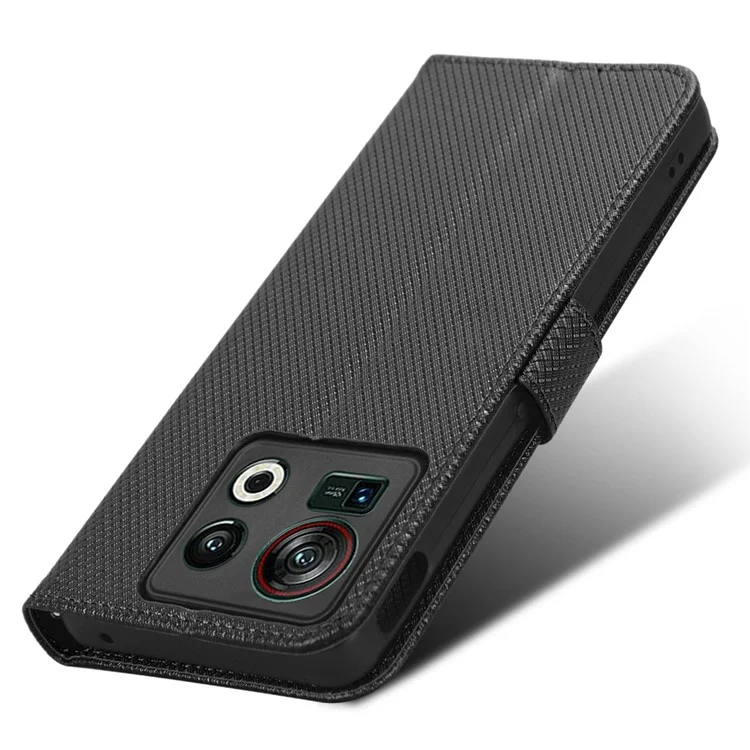 Shockproof Phone Wallet Case For ZTE nubia Z40S Pro 5G Diamond Texture PU Leather Cell Phone Cover with Strap - Black