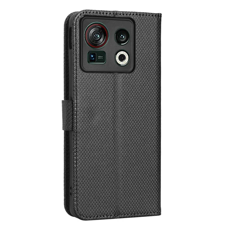 Shockproof Phone Wallet Case For ZTE nubia Z40S Pro 5G Diamond Texture PU Leather Cell Phone Cover with Strap - Black