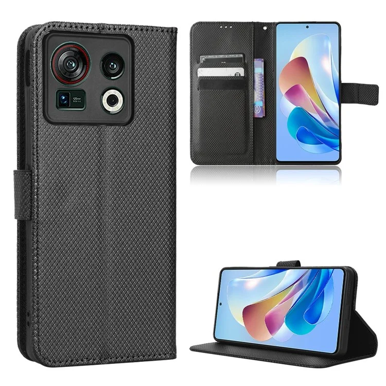 Shockproof Phone Wallet Case For ZTE nubia Z40S Pro 5G Diamond Texture PU Leather Cell Phone Cover with Strap - Black