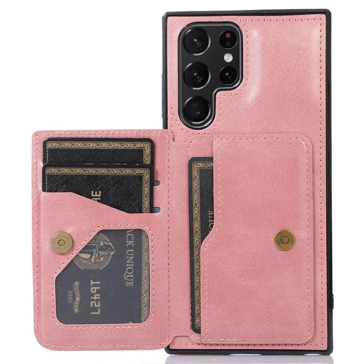 Pour Samsung Galaxy S22 Ultra 5G Slots Slots Design Telephone Back Case pu Leather + TPU Anti-drop Kickstand Cover Support Magnetic Car Solder - or Rose