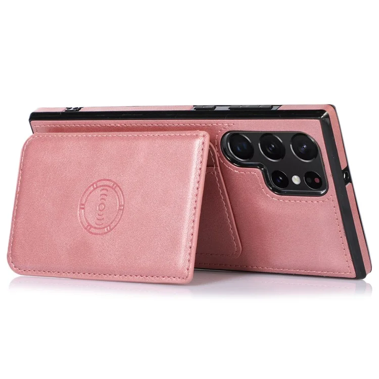 Pour Samsung Galaxy S22 Ultra 5G Slots Slots Design Telephone Back Case pu Leather + TPU Anti-drop Kickstand Cover Support Magnetic Car Solder - or Rose