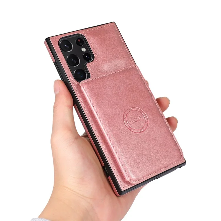 Pour Samsung Galaxy S22 Ultra 5G Slots Slots Design Telephone Back Case pu Leather + TPU Anti-drop Kickstand Cover Support Magnetic Car Solder - or Rose