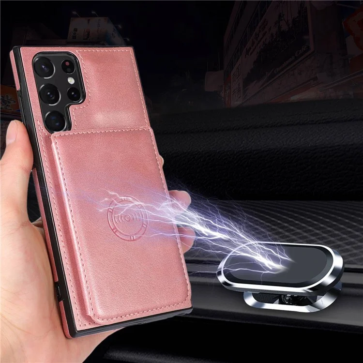 Pour Samsung Galaxy S22 Ultra 5G Slots Slots Design Telephone Back Case pu Leather + TPU Anti-drop Kickstand Cover Support Magnetic Car Solder - or Rose