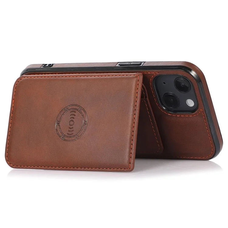 For iPhone 14 6.1 inch Kickstand Card Holder PU Leather + TPU Phone Shockproof Case Back Cover with Magnetic Car Mount Metal Sheet - Coffee