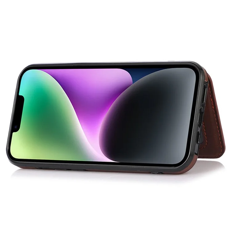 For iPhone 14 6.1 inch Kickstand Card Holder PU Leather + TPU Phone Shockproof Case Back Cover with Magnetic Car Mount Metal Sheet - Coffee