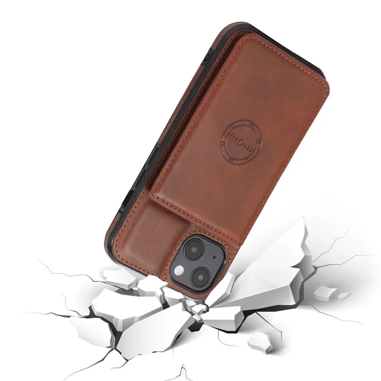 For iPhone 14 6.1 inch Kickstand Card Holder PU Leather + TPU Phone Shockproof Case Back Cover with Magnetic Car Mount Metal Sheet - Coffee