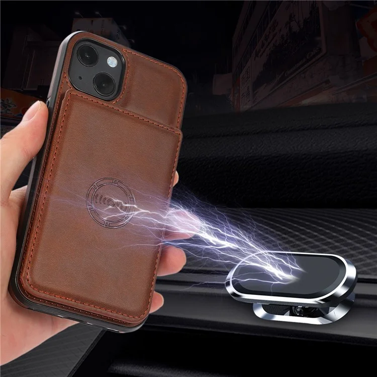 For iPhone 14 6.1 inch Kickstand Card Holder PU Leather + TPU Phone Shockproof Case Back Cover with Magnetic Car Mount Metal Sheet - Coffee