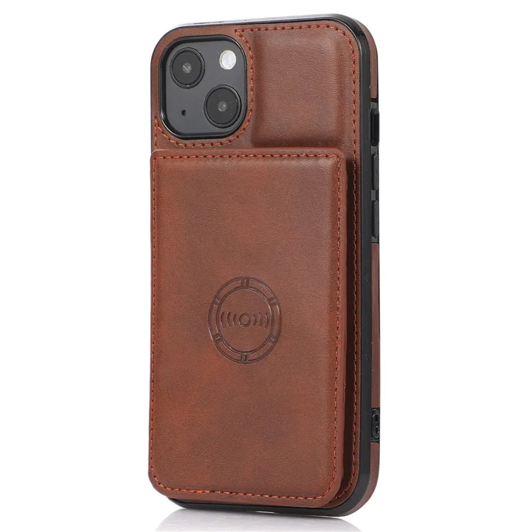For iPhone 14 6.1 inch Kickstand Card Holder PU Leather + TPU Phone Shockproof Case Back Cover with Magnetic Car Mount Metal Sheet - Coffee