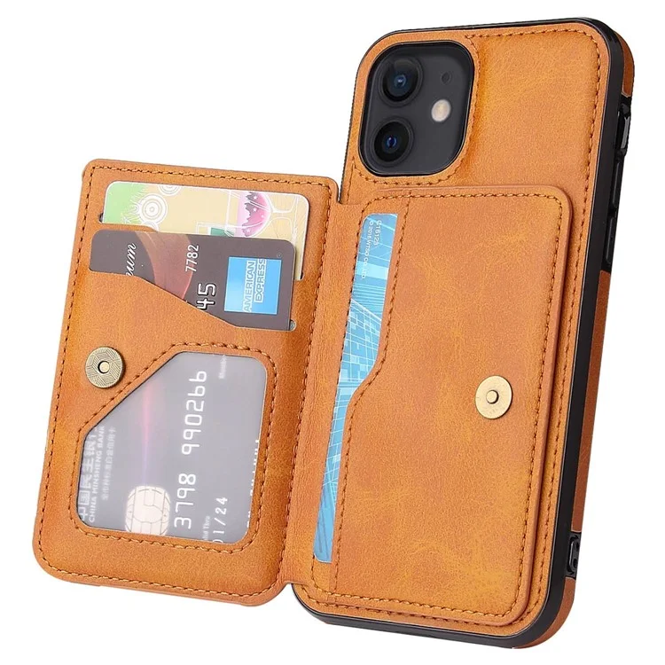 Para Iphone 12 6,1 Polegadas / 12 Pro 6,1 Polegadas de Couro pu PU + TPU Phone Protetive Caset Holder Kickstand Back Toup Com Magnetic Car Mount Metal Sheet - Castanho
