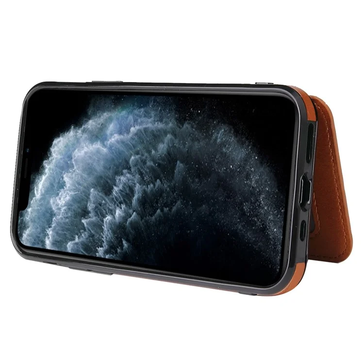 Para Iphone 12 6,1 Polegadas / 12 Pro 6,1 Polegadas de Couro pu PU + TPU Phone Protetive Caset Holder Kickstand Back Toup Com Magnetic Car Mount Metal Sheet - Castanho