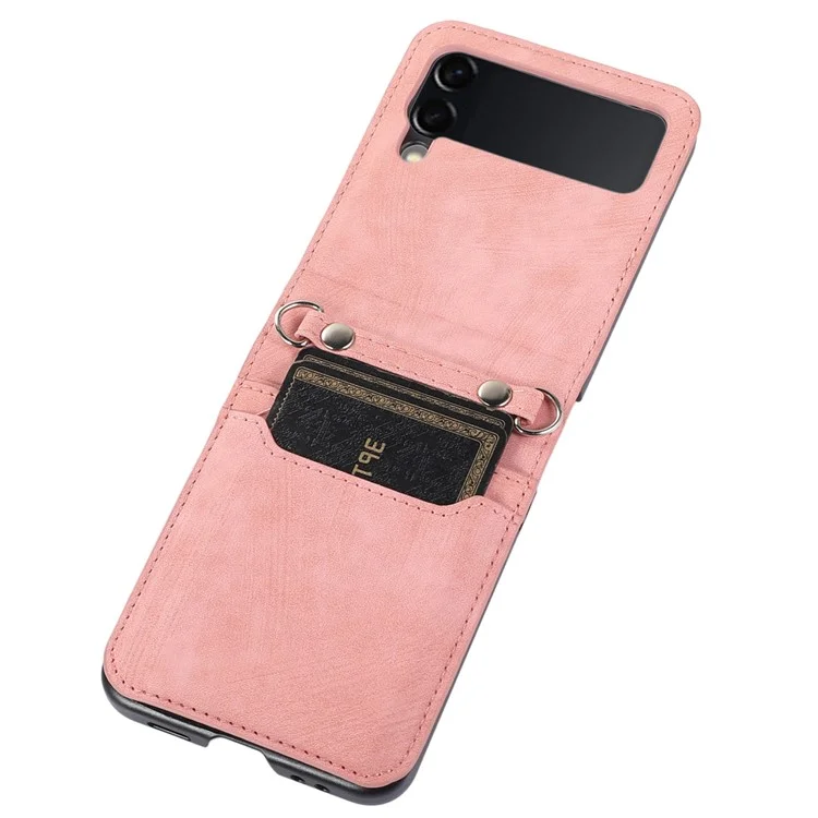 Para Samsung Galaxy Z Flip4 5G Protective Phone Cover Card Holder Design Anti-wear PU Leather + PC Phone Case with Long Lanyard - Pink