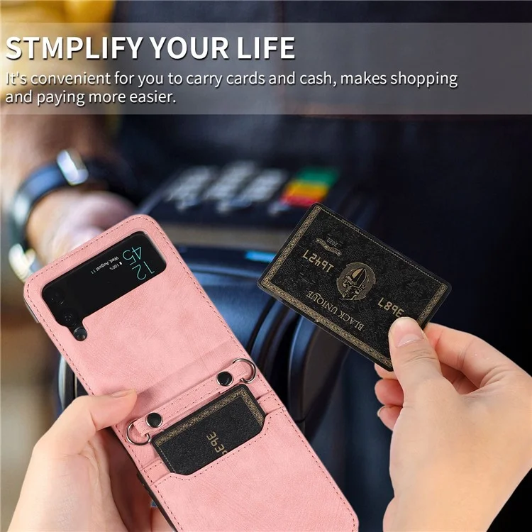 Para Samsung Galaxy Z Flip4 5G Protective Phone Cover Card Holder Design Anti-wear PU Leather + PC Phone Case with Long Lanyard - Pink