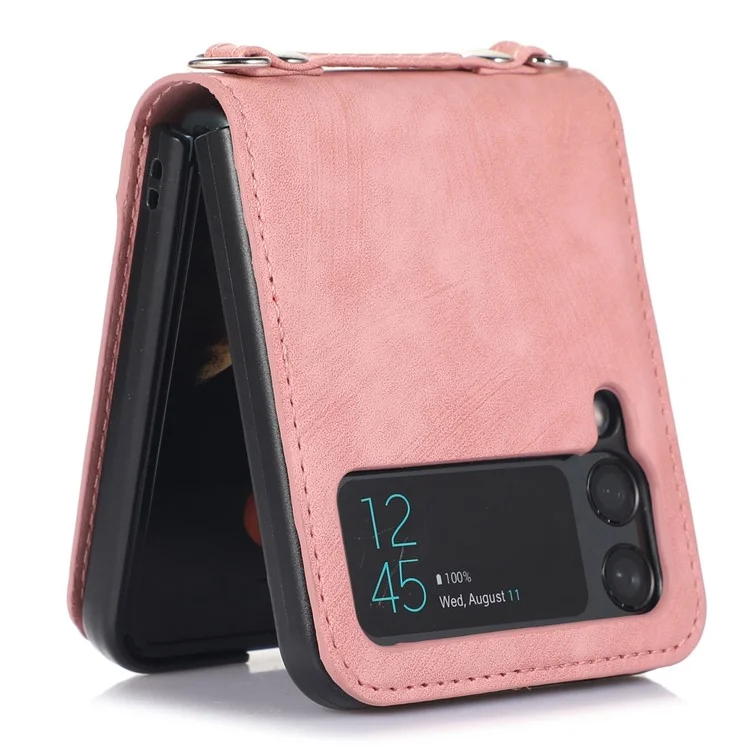 Para Samsung Galaxy Z Flip4 5G Protective Phone Cover Card Holder Design Anti-wear PU Leather + PC Phone Case with Long Lanyard - Pink