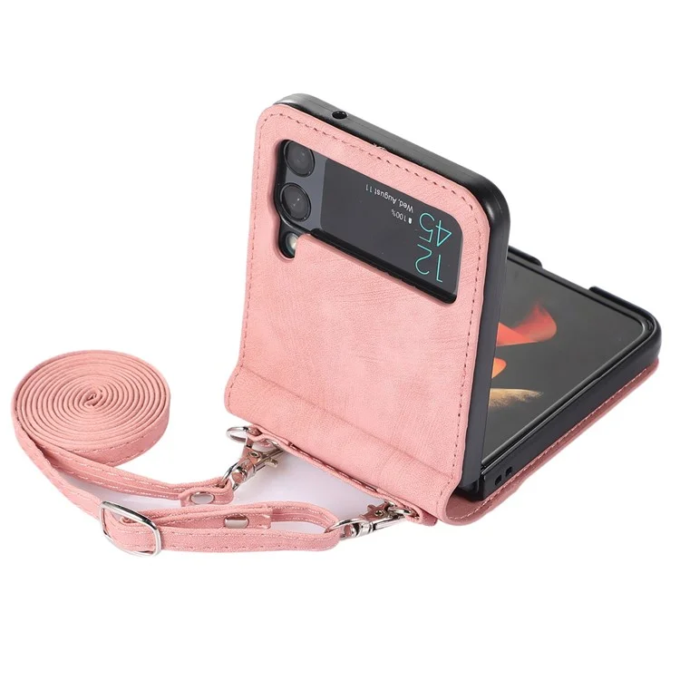 Para Samsung Galaxy Z Flip4 5G Protective Phone Cover Card Holder Design Anti-wear PU Leather + PC Phone Case with Long Lanyard - Pink