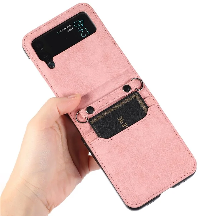 Para Samsung Galaxy Z Flip4 5G Protective Phone Cover Card Holder Design Anti-wear PU Leather + PC Phone Case with Long Lanyard - Pink