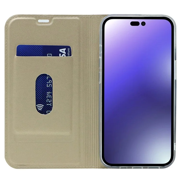 Pour Iphone 14 Pro 6,1 Pouces PU en Cuir Porte-carte Case D'adsorption Magnétique Shell de Couverture du Support de Téléphone - or