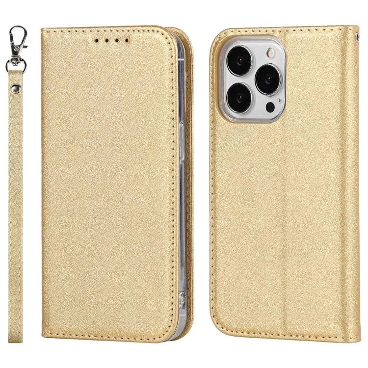Para Iphone 14 Pro 6.1 Pulgadas PU Cuero Textura de Seda Anti-caza Case de Teléfono de la Caída de la Billetera de Protección de Cuerpo Completo Con Correa de Muñeca - Oro