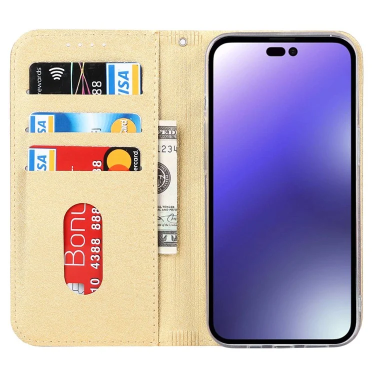 Para Iphone 14 Pro 6.1 Pulgadas PU Cuero Textura de Seda Anti-caza Case de Teléfono de la Caída de la Billetera de Protección de Cuerpo Completo Con Correa de Muñeca - Oro