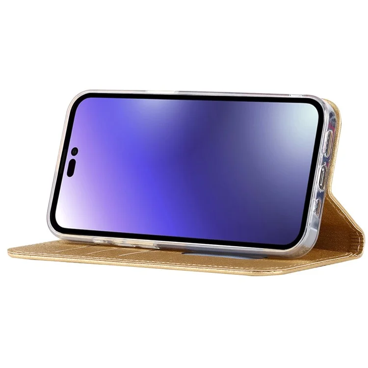 Para Iphone 14 Pro 6.1 Pulgadas PU Cuero Textura de Seda Anti-caza Case de Teléfono de la Caída de la Billetera de Protección de Cuerpo Completo Con Correa de Muñeca - Oro