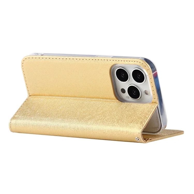 Para Iphone 14 Pro 6.1 Pulgadas PU Cuero Textura de Seda Anti-caza Case de Teléfono de la Caída de la Billetera de Protección de Cuerpo Completo Con Correa de Muñeca - Oro