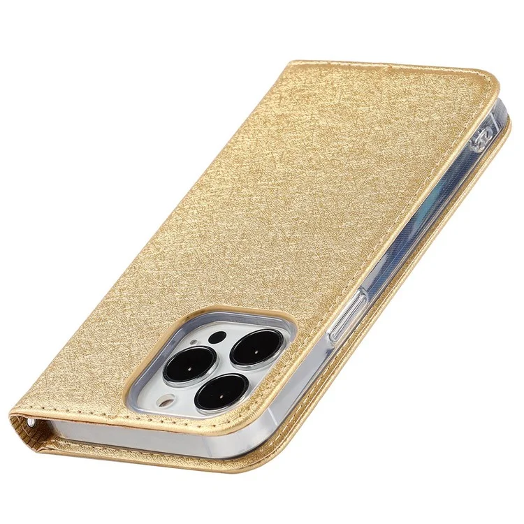 Para Iphone 14 Pro 6.1 Pulgadas PU Cuero Textura de Seda Anti-caza Case de Teléfono de la Caída de la Billetera de Protección de Cuerpo Completo Con Correa de Muñeca - Oro