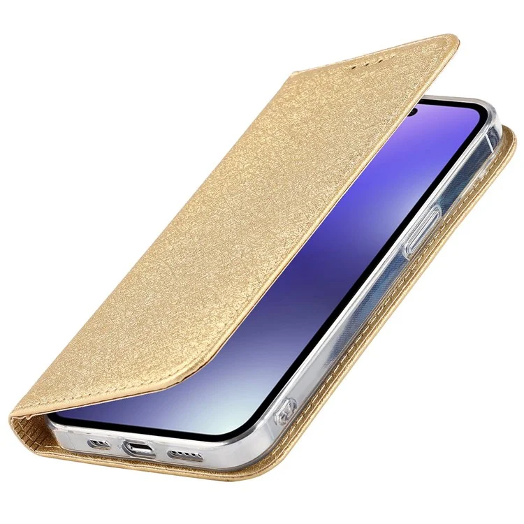 Para Iphone 14 Pro 6.1 Pulgadas PU Cuero Textura de Seda Anti-caza Case de Teléfono de la Caída de la Billetera de Protección de Cuerpo Completo Con Correa de Muñeca - Oro