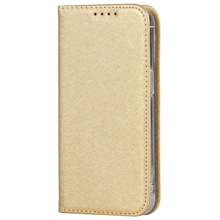 Para Iphone 14 Pro 6.1 Pulgadas PU Cuero Textura de Seda Anti-caza Case de Teléfono de la Caída de la Billetera de Protección de Cuerpo Completo Con Correa de Muñeca - Oro