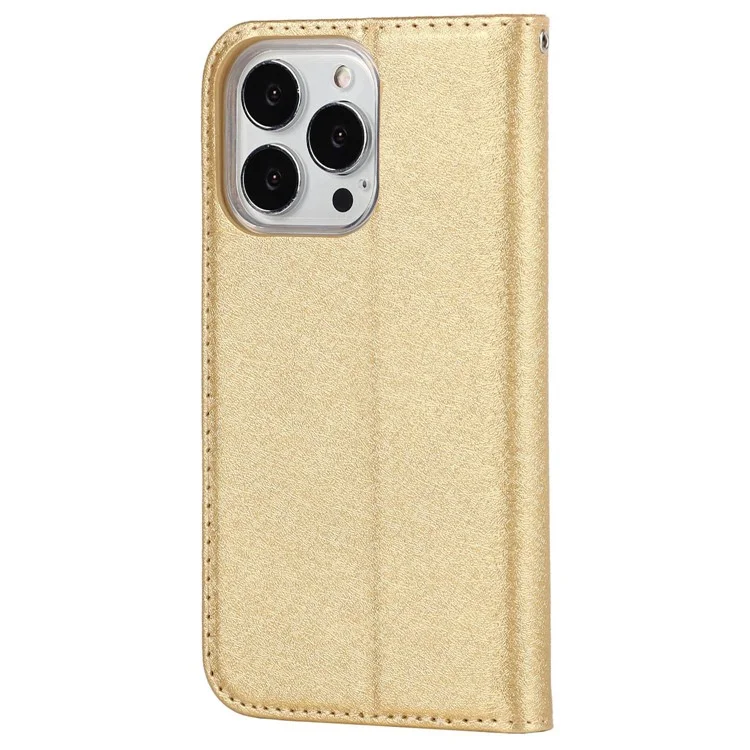 Para Iphone 14 Pro 6.1 Pulgadas PU Cuero Textura de Seda Anti-caza Case de Teléfono de la Caída de la Billetera de Protección de Cuerpo Completo Con Correa de Muñeca - Oro