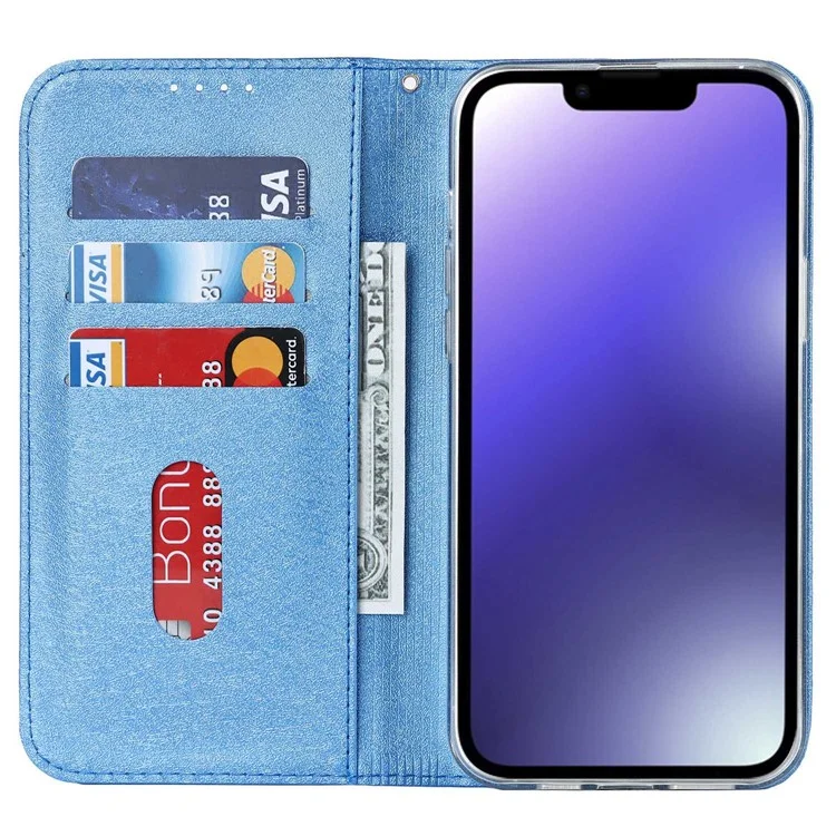 Para Iphone 14 6.1 Pulgadas PU Cuero Textura Anti-wear Telephear Phase Stand Anti-shock Willet Shell Con Correa Para la Muñeca - Azul
