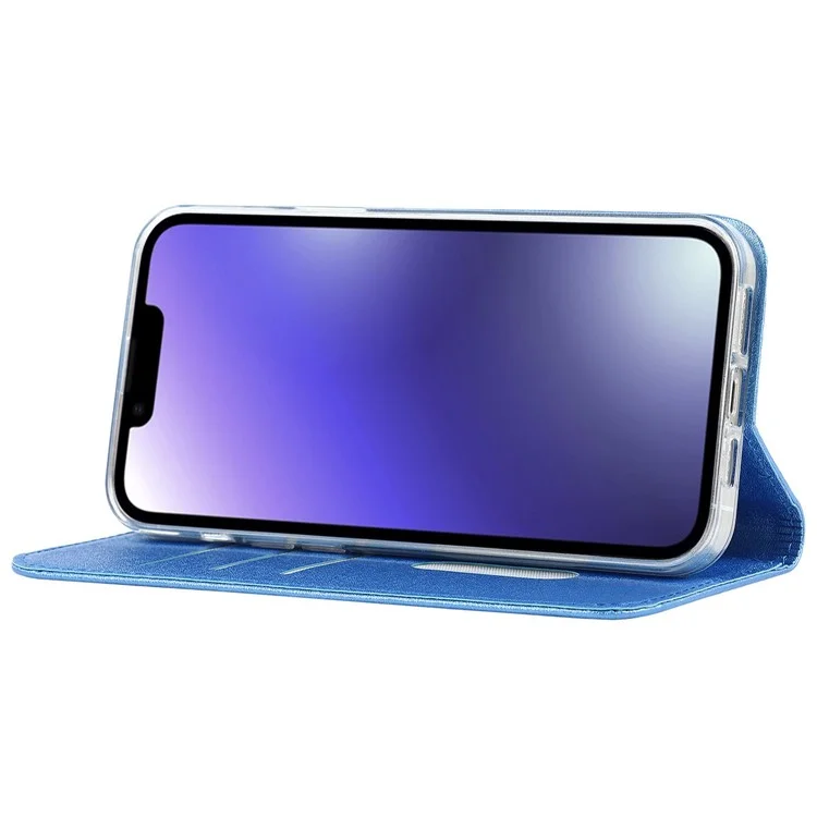Para Iphone 14 6.1 Pulgadas PU Cuero Textura Anti-wear Telephear Phase Stand Anti-shock Willet Shell Con Correa Para la Muñeca - Azul