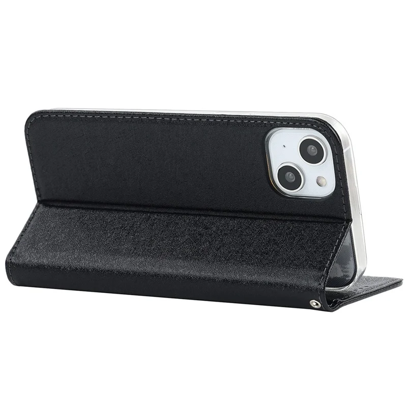 Para iPhone 14 Plus PU Leather Silk Texture Anti-drop Wallet Phone Case Stand All-around Protection Cover with Wrist Strap - Preto