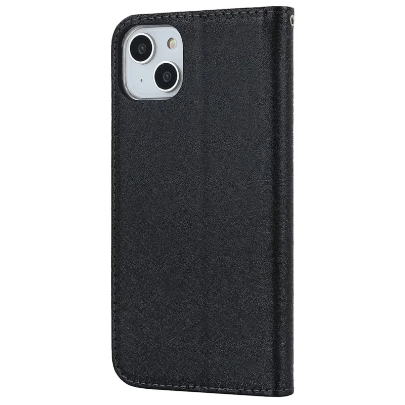 Para iPhone 14 Plus PU Leather Silk Texture Anti-drop Wallet Phone Case Stand All-around Protection Cover with Wrist Strap - Preto