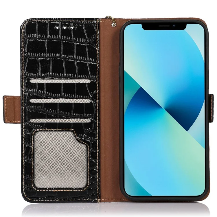 For Motorola Moto G32 4G Anti-scratch Shockproof Crocodile Texture Case RFID Blocking Genuine Cowhide Leather Wallet Phone Shell - Black