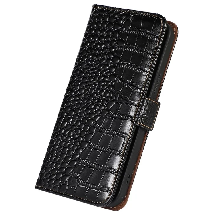 For Motorola Moto G32 4G Anti-scratch Shockproof Crocodile Texture Case RFID Blocking Genuine Cowhide Leather Wallet Phone Shell - Black