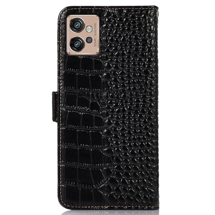 For Motorola Moto G32 4G Anti-scratch Shockproof Crocodile Texture Case RFID Blocking Genuine Cowhide Leather Wallet Phone Shell - Black