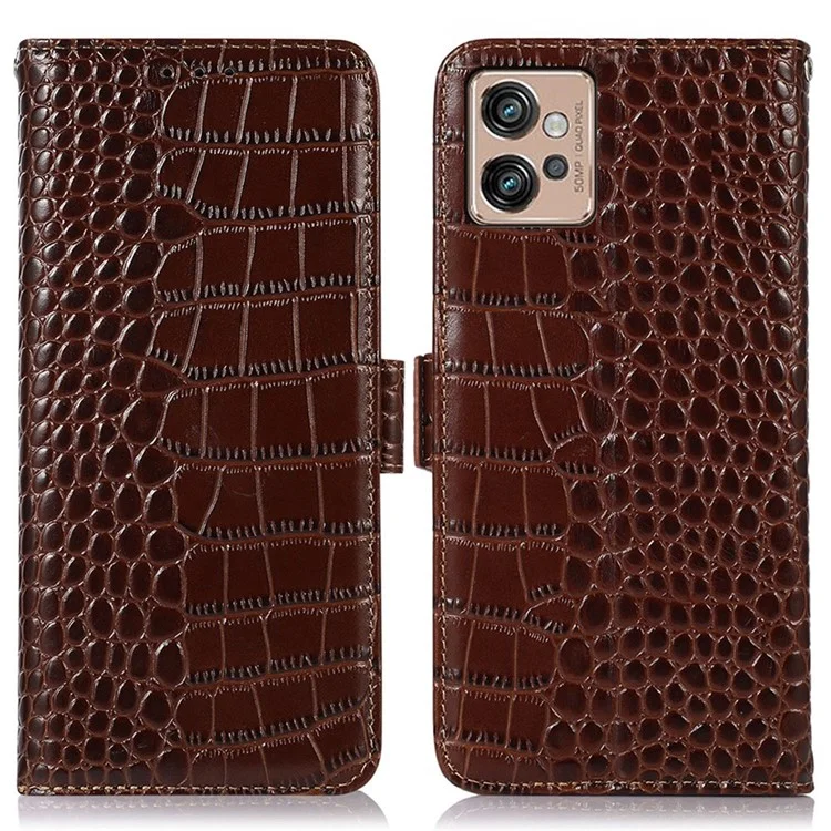 For Motorola Moto G32 4G Anti-scratch Shockproof Crocodile Texture Case RFID Blocking Genuine Cowhide Leather Wallet Phone Shell - Brown