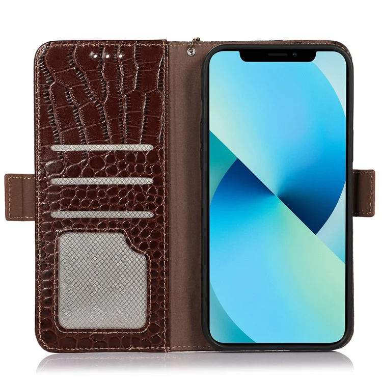 For Motorola Moto G32 4G Anti-scratch Shockproof Crocodile Texture Case RFID Blocking Genuine Cowhide Leather Wallet Phone Shell - Brown