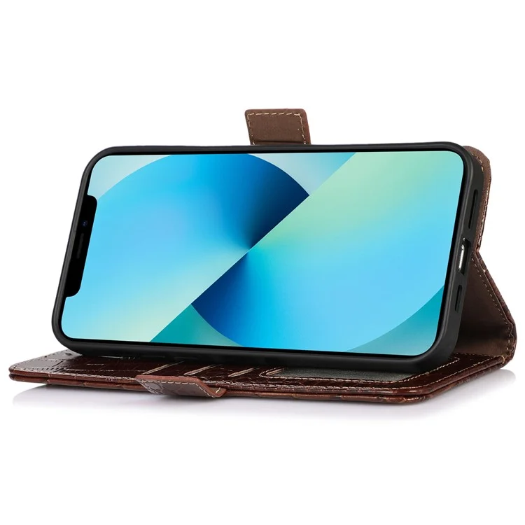 For Motorola Moto G32 4G Anti-scratch Shockproof Crocodile Texture Case RFID Blocking Genuine Cowhide Leather Wallet Phone Shell - Brown