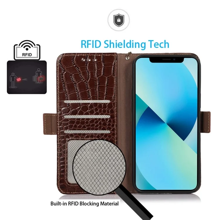 For Motorola Moto G32 4G Anti-scratch Shockproof Crocodile Texture Case RFID Blocking Genuine Cowhide Leather Wallet Phone Shell - Brown