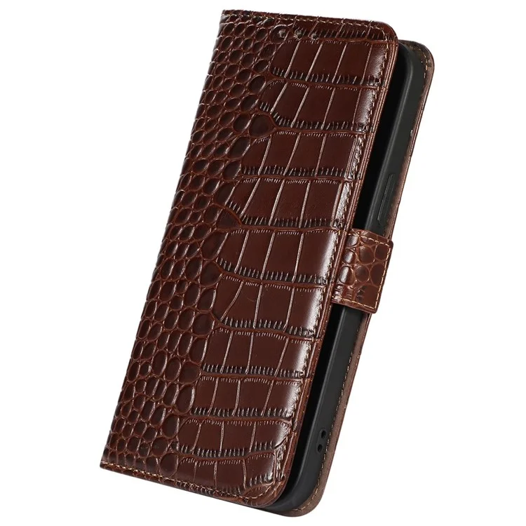 For Motorola Moto G32 4G Anti-scratch Shockproof Crocodile Texture Case RFID Blocking Genuine Cowhide Leather Wallet Phone Shell - Brown