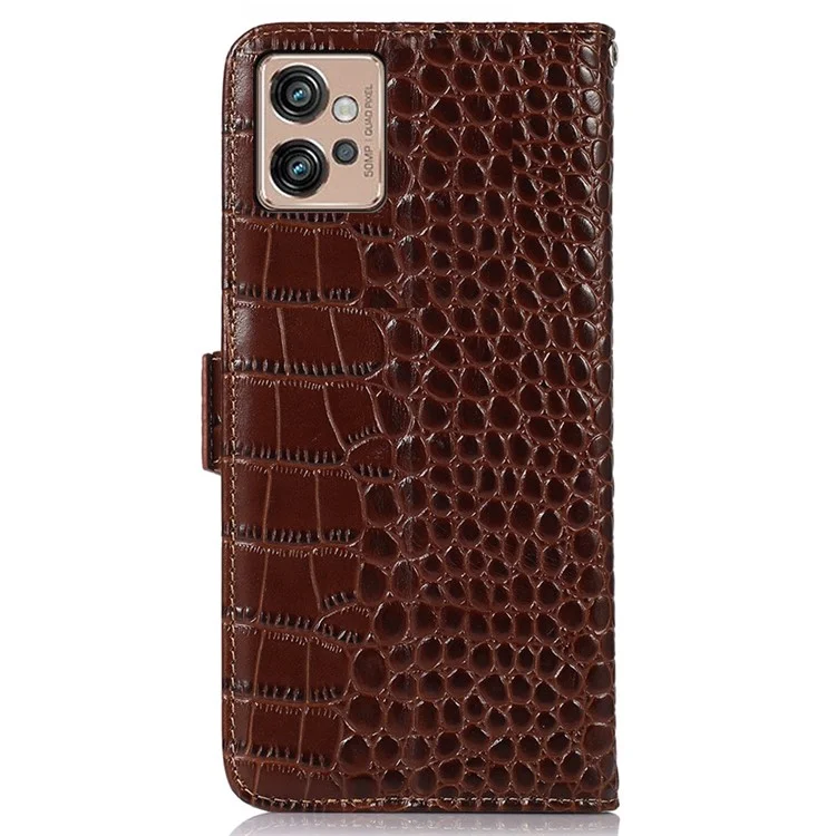 For Motorola Moto G32 4G Anti-scratch Shockproof Crocodile Texture Case RFID Blocking Genuine Cowhide Leather Wallet Phone Shell - Brown