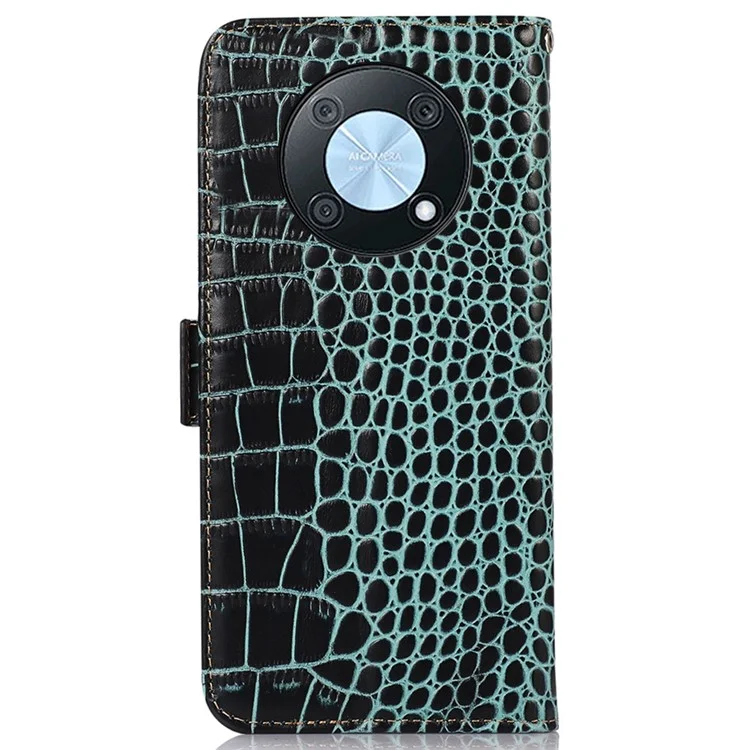 For Huawei nova Y90 4G / Enjoy 50 Pro 4G Genuine Cowhide Leather Flip Cover Crocodile Texture RFID Blocking Protection Stand Wallet Phone Case - Green